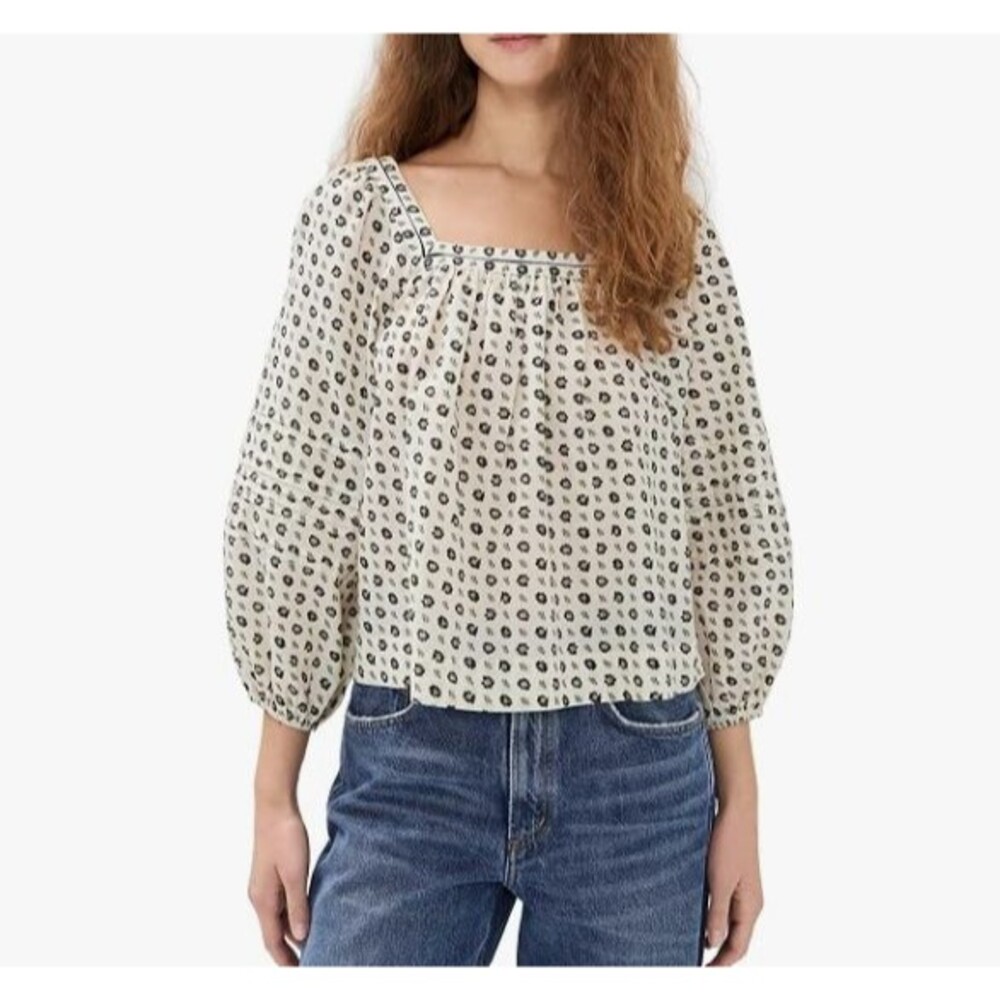 Madewell Square Neck Flowy Top Medium Cream Green Block Floral Cottage Romantic